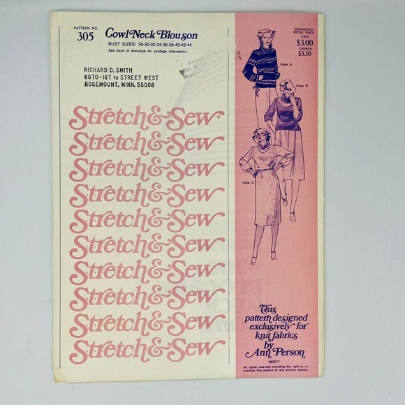 Stretch & Sew 305 Vintage Pattern Cowl Neck Blouson Blouse Bust 28-44 Uncut - Picture 1 of 3